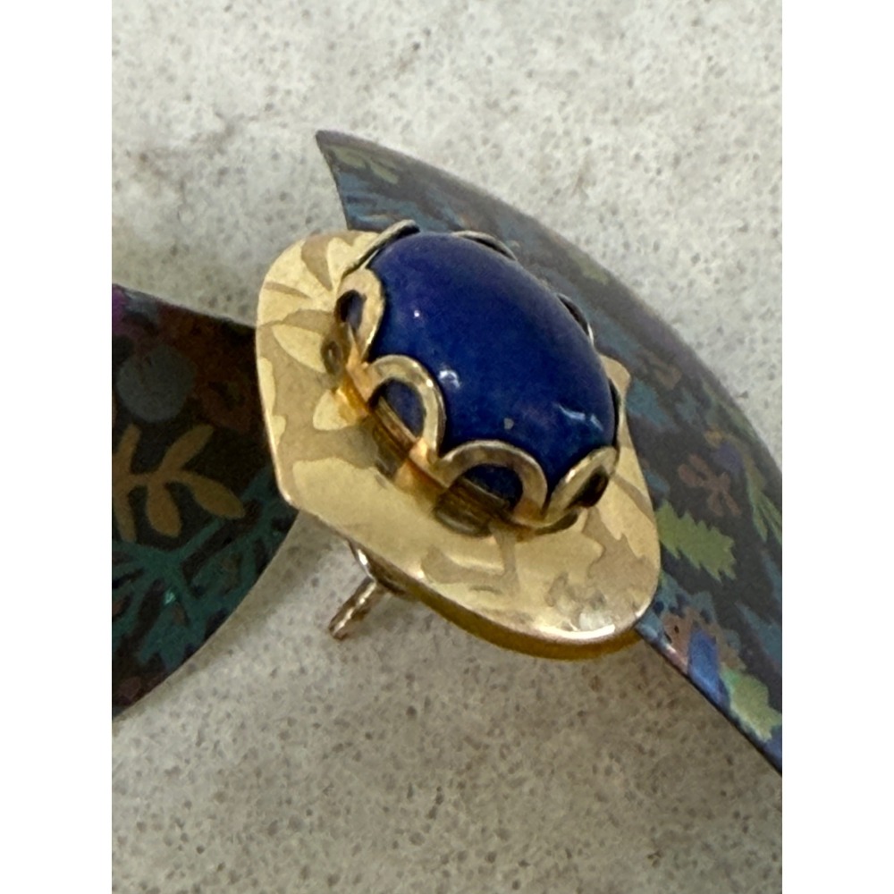 Vintage Holly Yashi Lapis Iridescent Floral Fan Post Earrings Gold Tone Signed - Picture 9 of 9